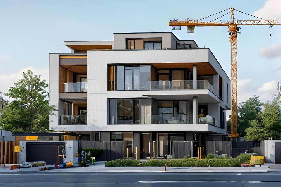Wohnüberbauung mit Sichtbetonfassade und Kran auf einer Baustelle in Zürich-West