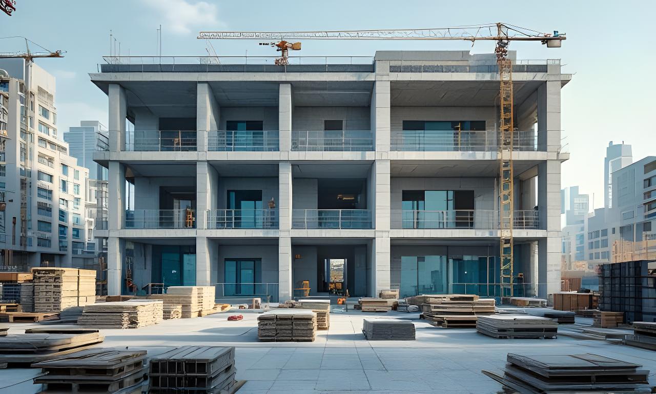 Moderne Baustellenansicht mit Betonfertigteilen, Ziegeln und sauber gestapelten Materialien auf einem städtischen Areal