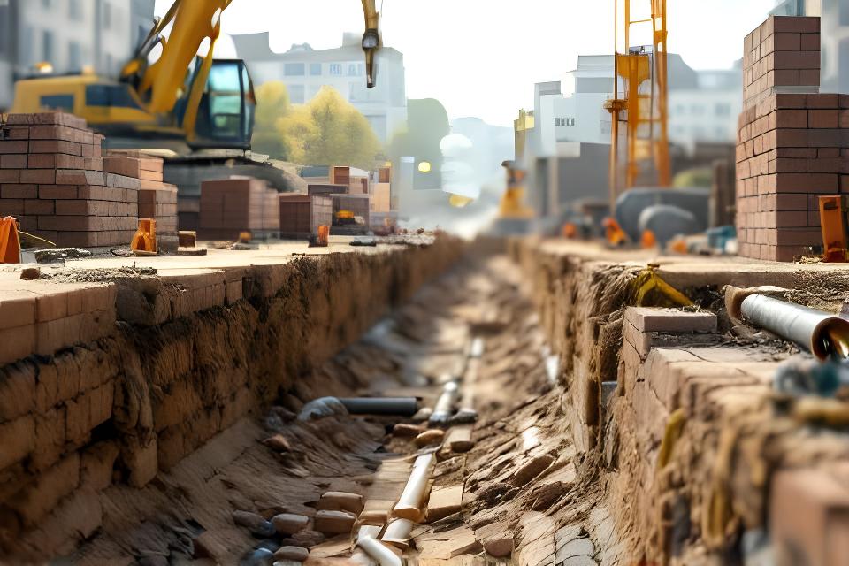 Tiefbauarbeiten mit Ziegel- und Rohrelementen entlang einer urbanen Baugrube in Zürich