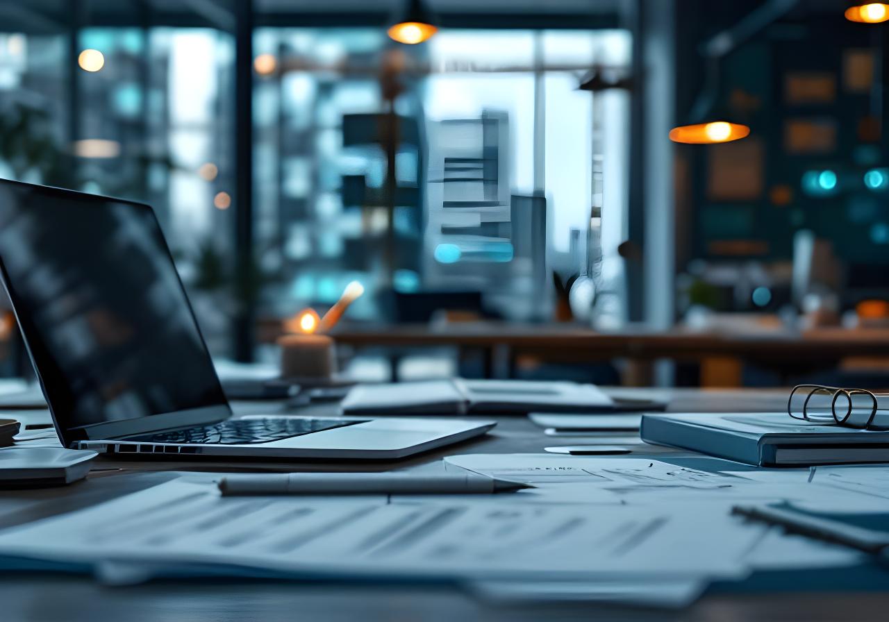 Moderne Büroansicht mit Bauunterlagen, Laptop und geordneten Projektakten in Zürich