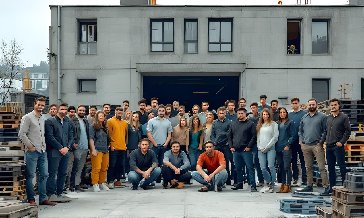Gesamtes Team von Nüssli Baumaterialhersteller AG vor dem Standort in Zürich mit Baustoffpaletten und offenem Lächeln