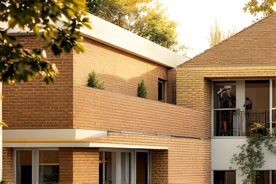 Einfamilienhaus mit Gartenmauer aus Ziegeln und Dämmarbeiten bei sonnigem Wetter
